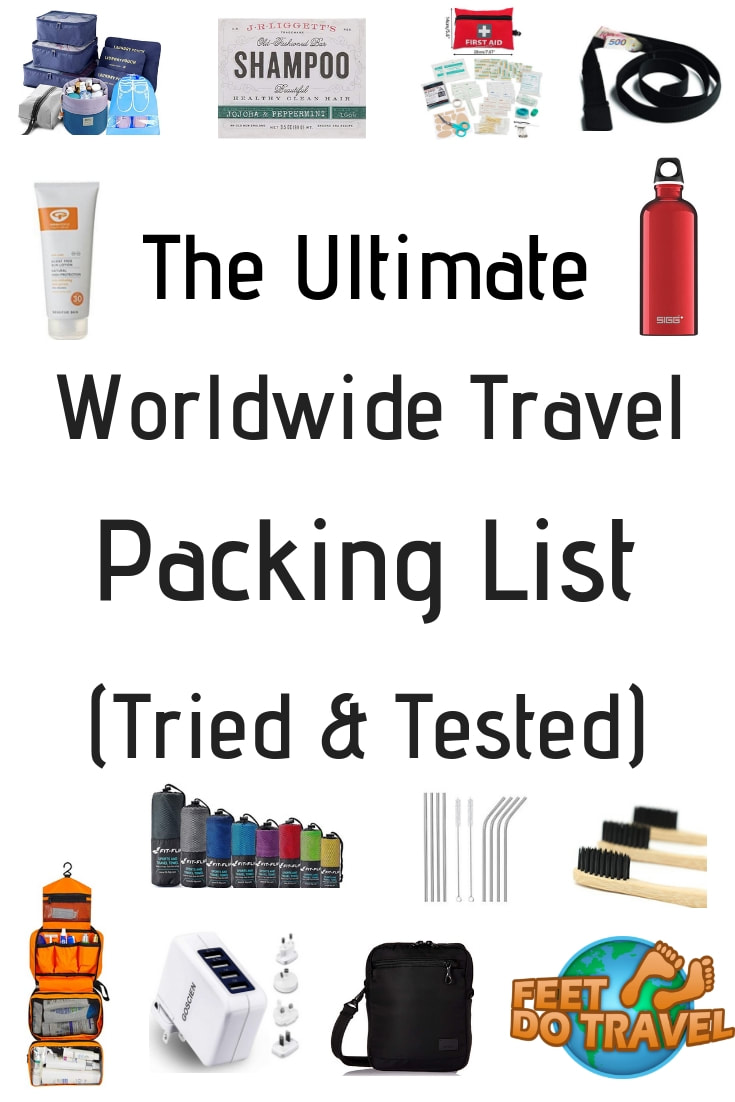 This is the ultimate packing list for worldwide Travel. Feet Do Travel share their packing tips for all your travel essentials; international travel, backpacking, cruise travel or a European break. Toiletries, electronics, anti-theft protection and how to travel plastic free. #pack #packing #packingtips #packinglist #suitcase #backpack #cruise #traveltipspacking #traveltips #travelchecklist #travelessentials #travel #travelblog #travelblogger #travelling #travelguides #traveladvice