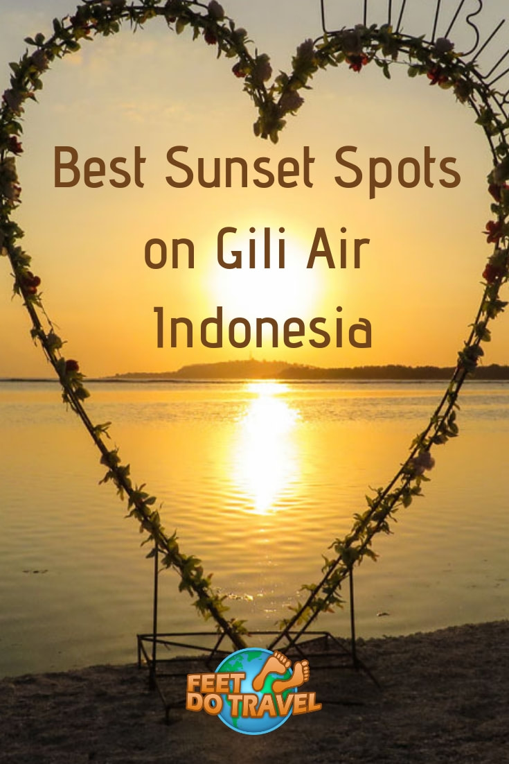 Gili Air, Indonesia; a white sand, paradise tropical island near #Bali and #Lombok is blessed with beautiful sunsets. If you like beach sundowners, or a cocktail with a view, choose from sea swings or Bali’s Mount Agung. Feet Do Travel share the best sunset spots on Gili Air. #Gili #Gilis #sunset #giliislands #beachesinseasia #giliair #giliairisland #indonesia #balitravel #baliindonesia #baliguide #Indonesiatravel #WonderfulIndonesia #IndonesiaTravelGuide #IslandTravel #TravelGuide #SummerTravel